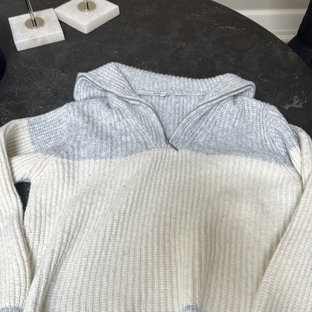 Z Supply Gray and White Cowl Neck Sweater